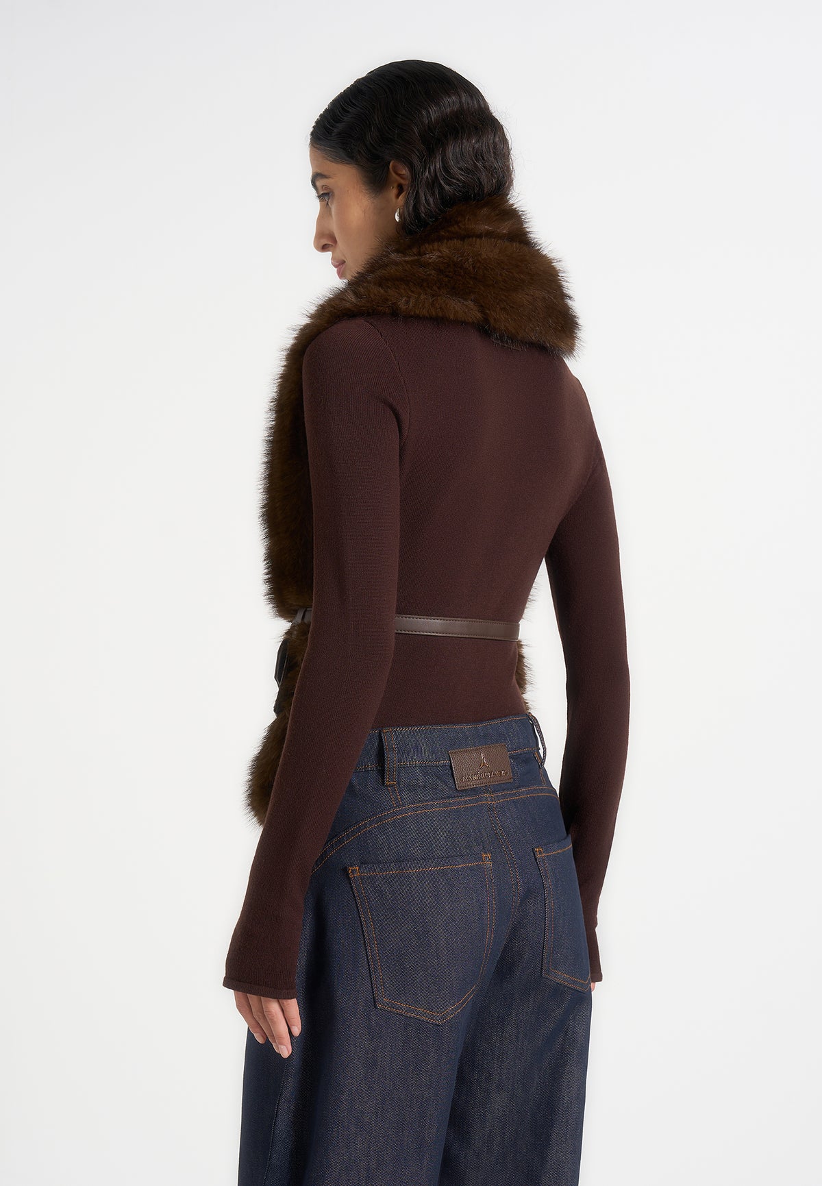Greta - Belted Fur Wrap Jacket With Pouch - Brown