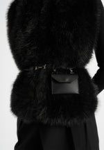 Greta - Belted Fur Wrap Jacket With Pouch - Black