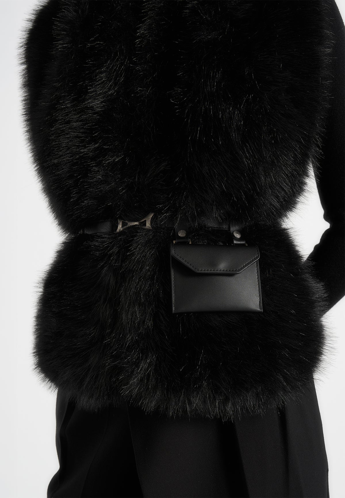 Greta - Belted Fur Wrap Jacket With Pouch - Black