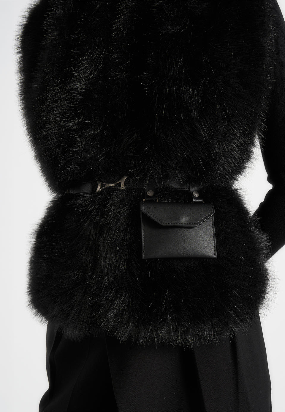 Greta - Belted Fur Wrap Jacket With Pouch - Black