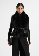 Greta - Belted Fur Wrap Jacket With Pouch - Black