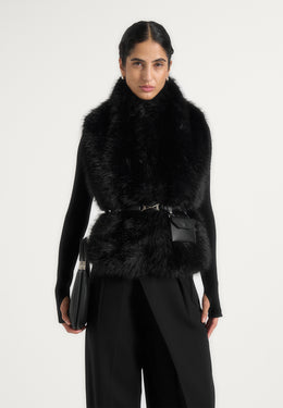 Greta - Belted Fur Wrap Jacket With Pouch - Black