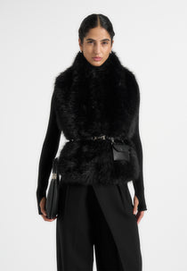 Greta - Belted Fur Wrap Jacket With Pouch - Black