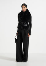 Greta - Belted Fur Wrap Jacket With Pouch - Black