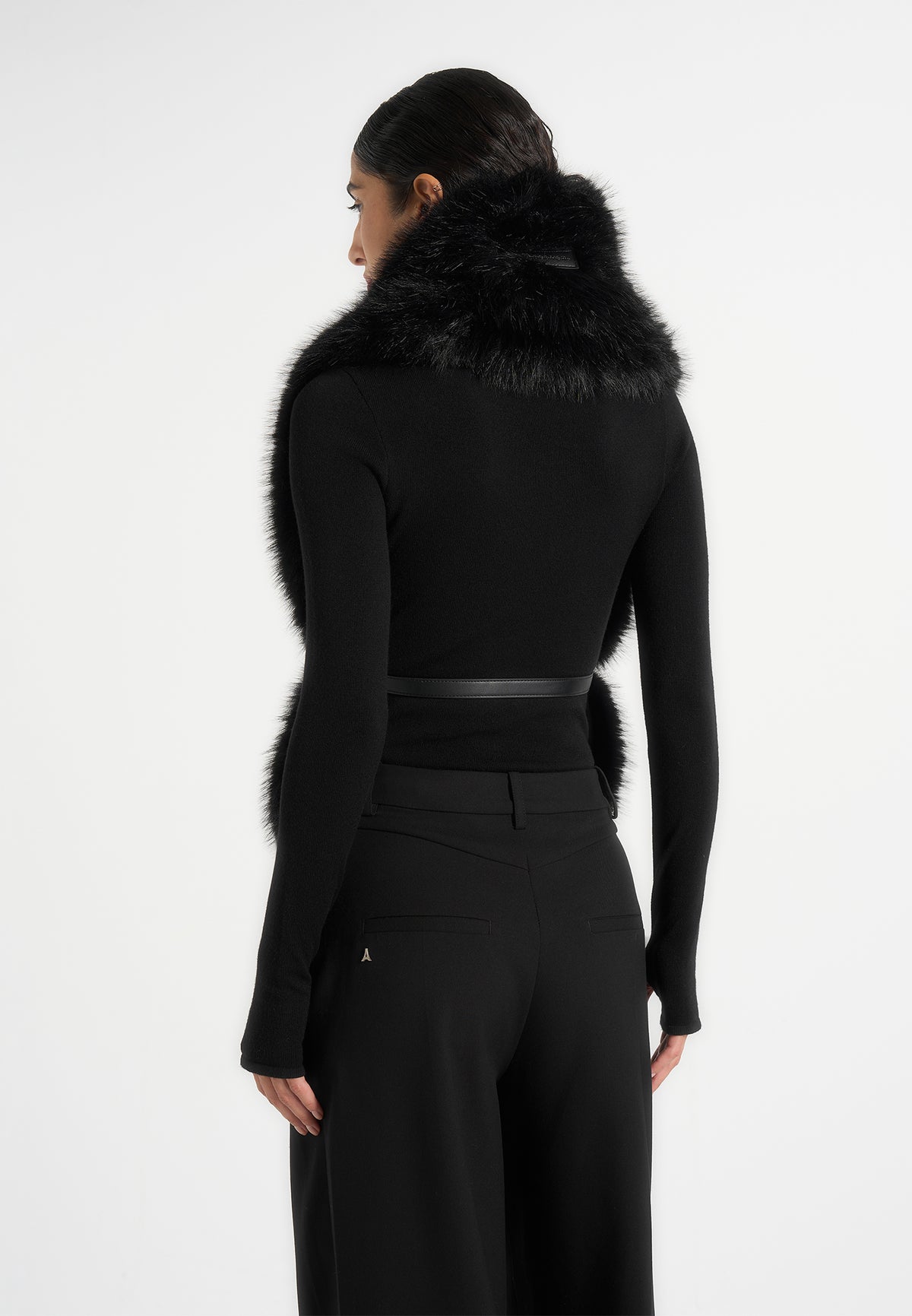 Greta - Belted Fur Wrap Jacket With Pouch - Black