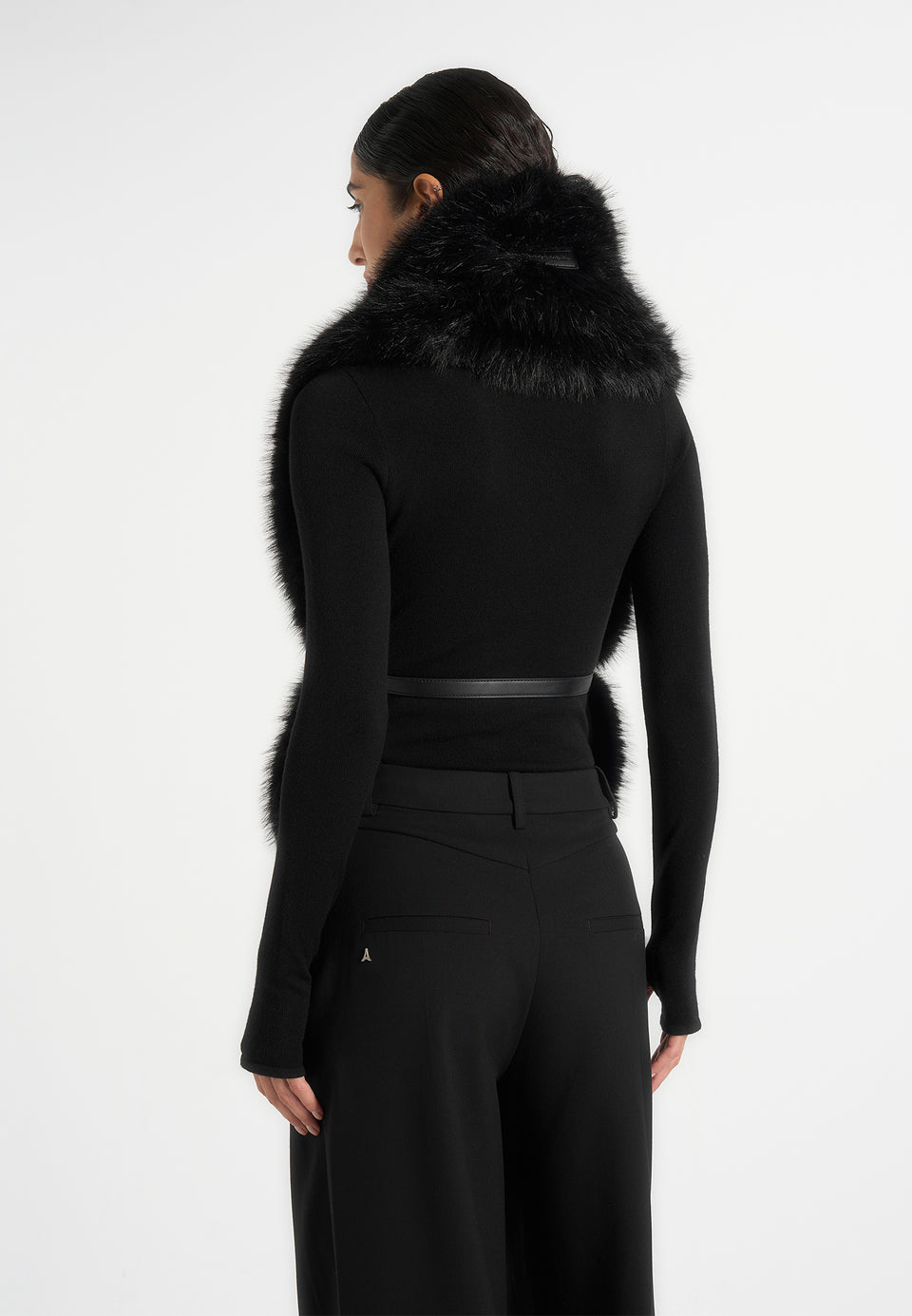Greta - Belted Fur Wrap Jacket With Pouch - Black