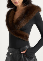 Libby - Fur Collar Long Sleeve Bodysuit - Black / Brown