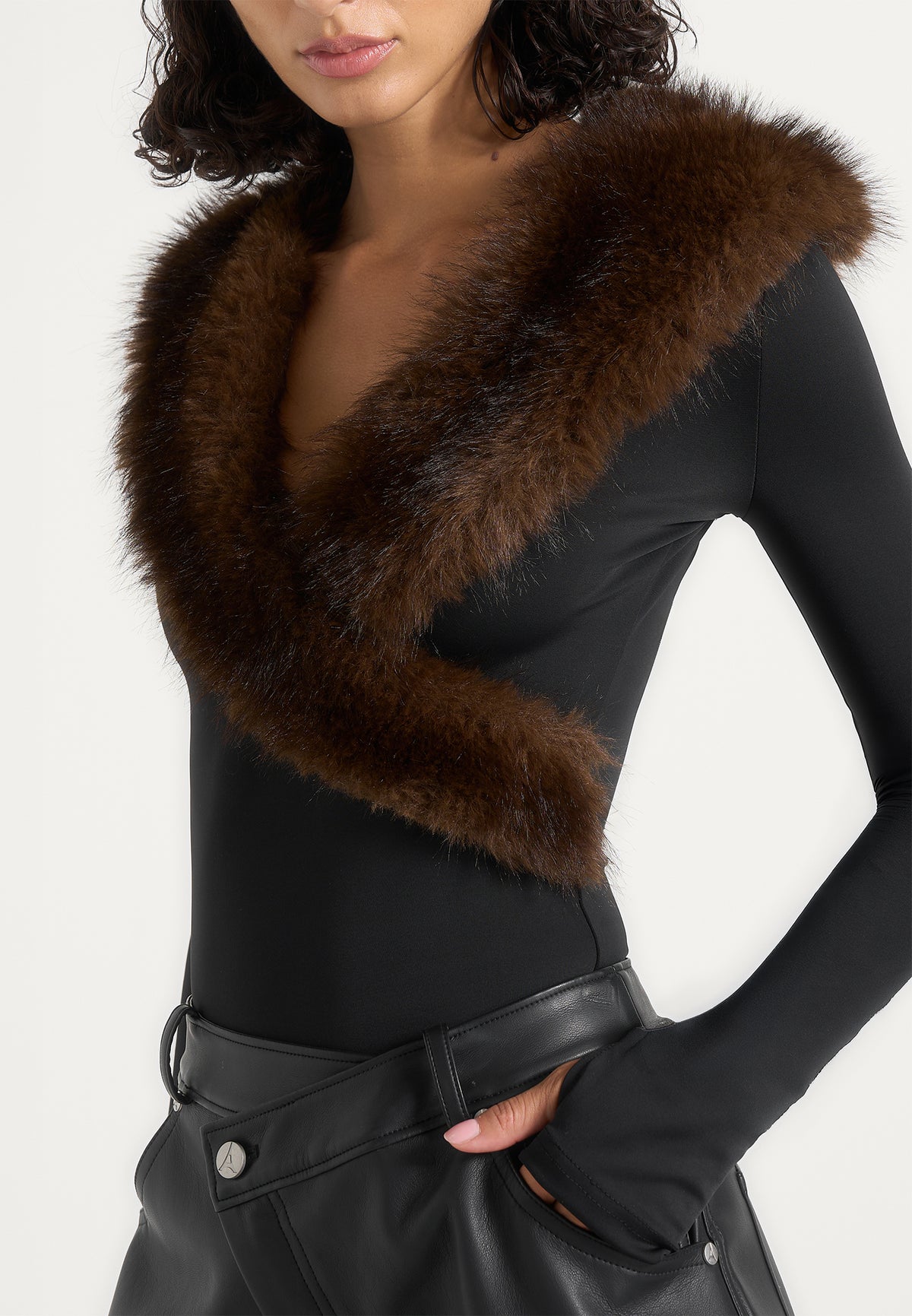 Libby - Fur Collar Long Sleeve Bodysuit - Black / Brown