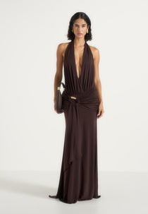 Ida - Plunge Halter Draped Hardware Maxi Dress - Brown