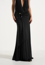 Ida - Plunge Halter Draped Hardware Maxi Dress - Black