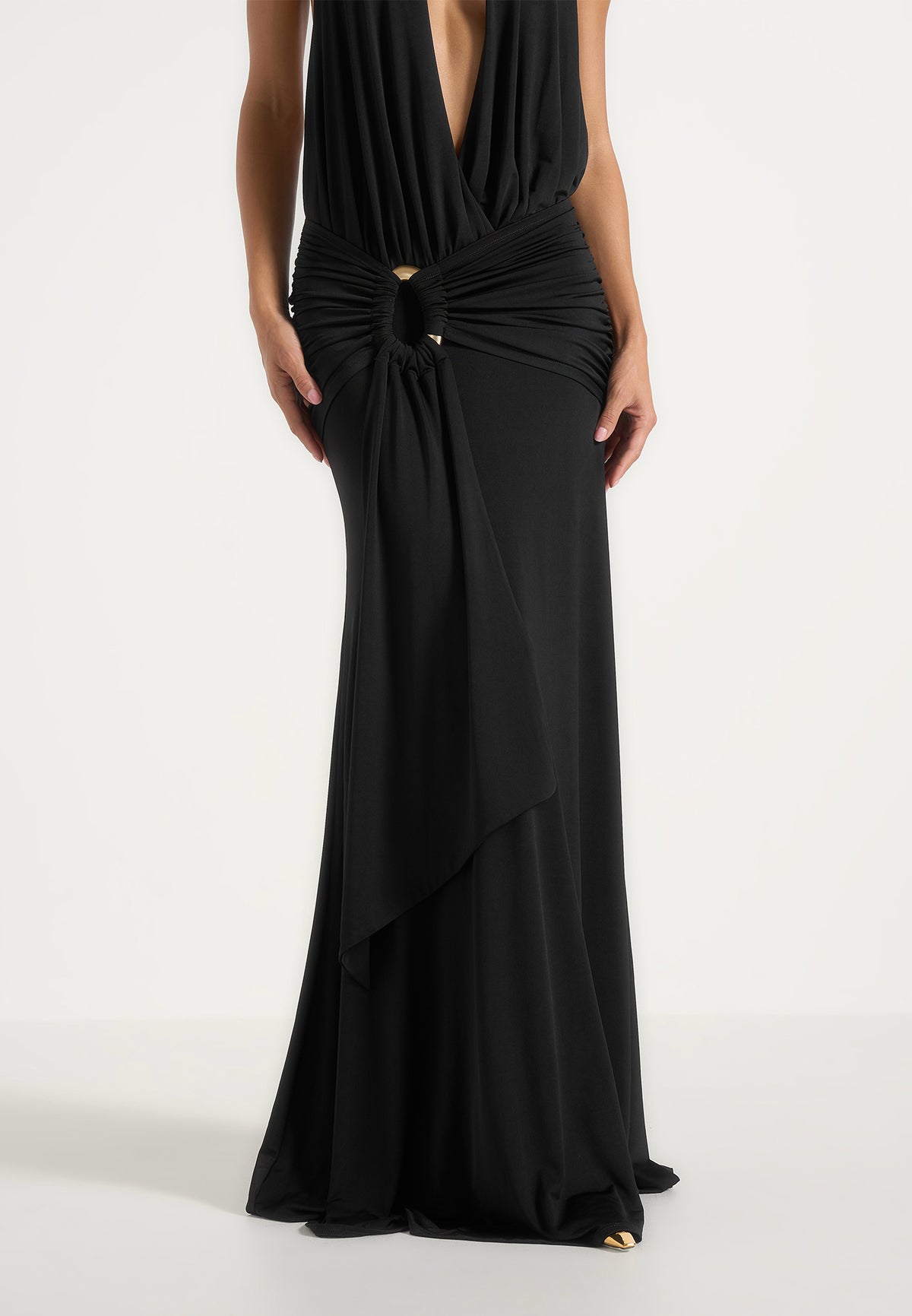 Ida - Plunge Halter Draped Hardware Maxi Dress - Black