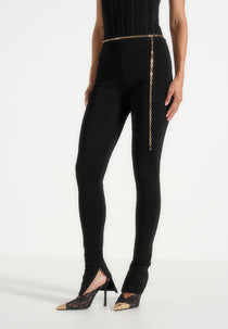 Leigh - Ottoman Bandage Knit Split Hem Leggings - Black