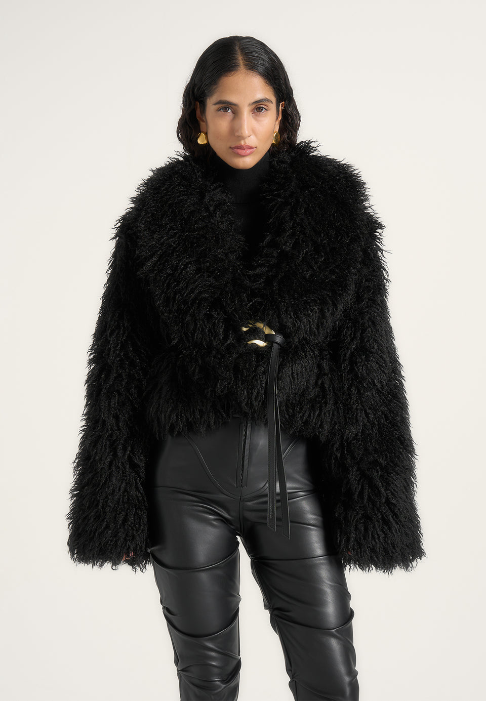 Nola - Mongolian Fur Shawl Jacket with Leather Belt - Black