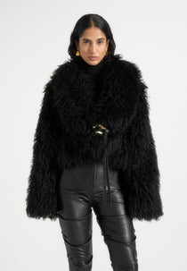 Nola - Mongolian Fur Shawl Jacket with Leather Belt - Black