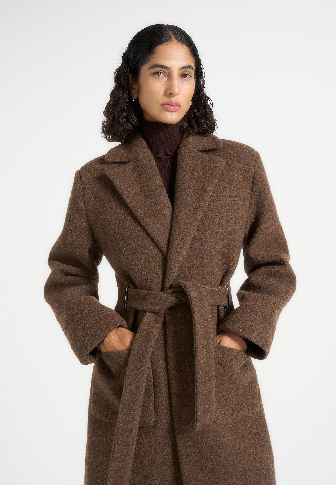 Jena - Wide Shoulder Wool Coat with Cinch Belt - Brown | Manière