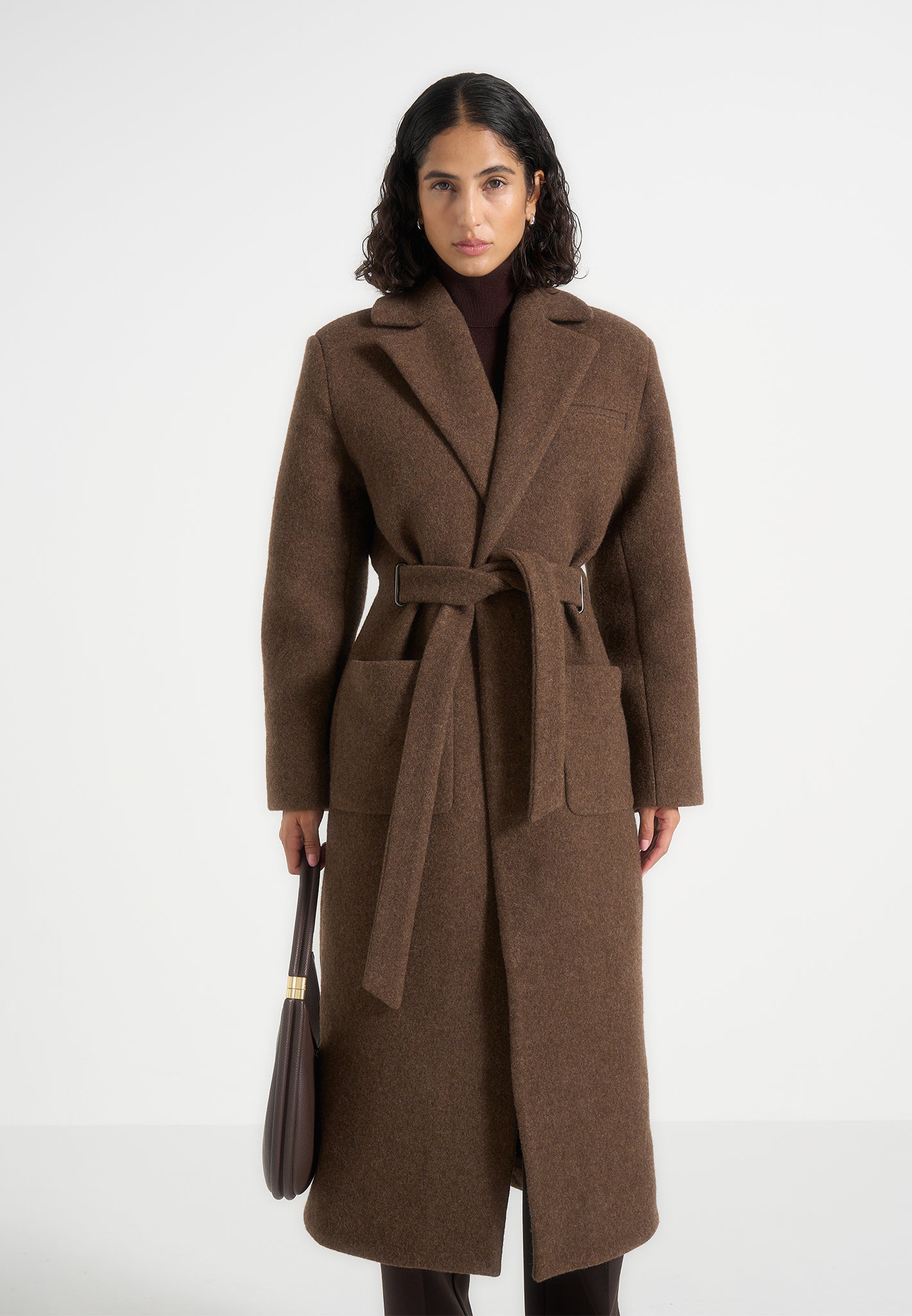 Jena - Wide Shoulder Wool Coat with Cinch Belt - Brown | Manière