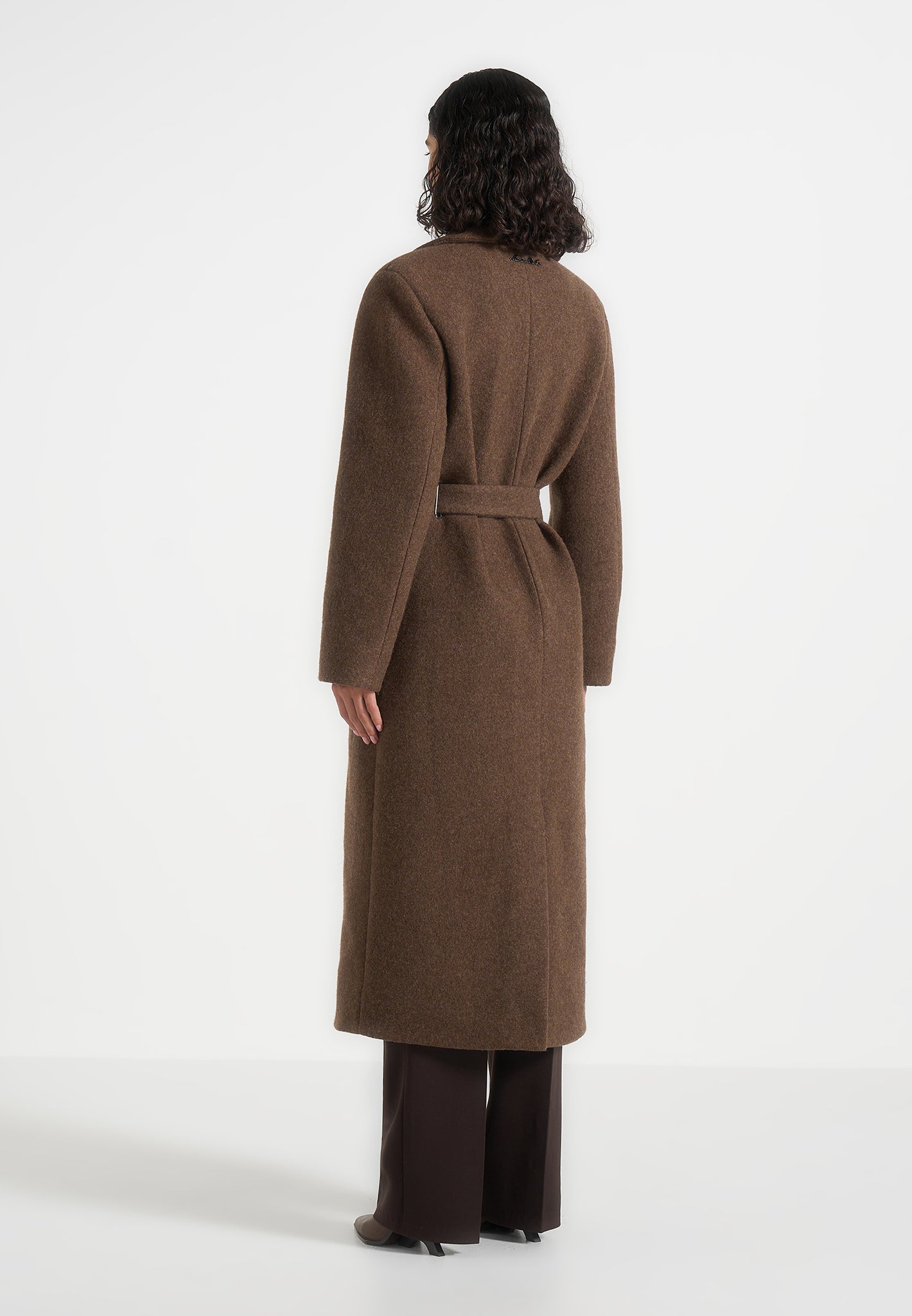 Jena - Wide Shoulder Wool Coat with Cinch Belt - Brown | Manière