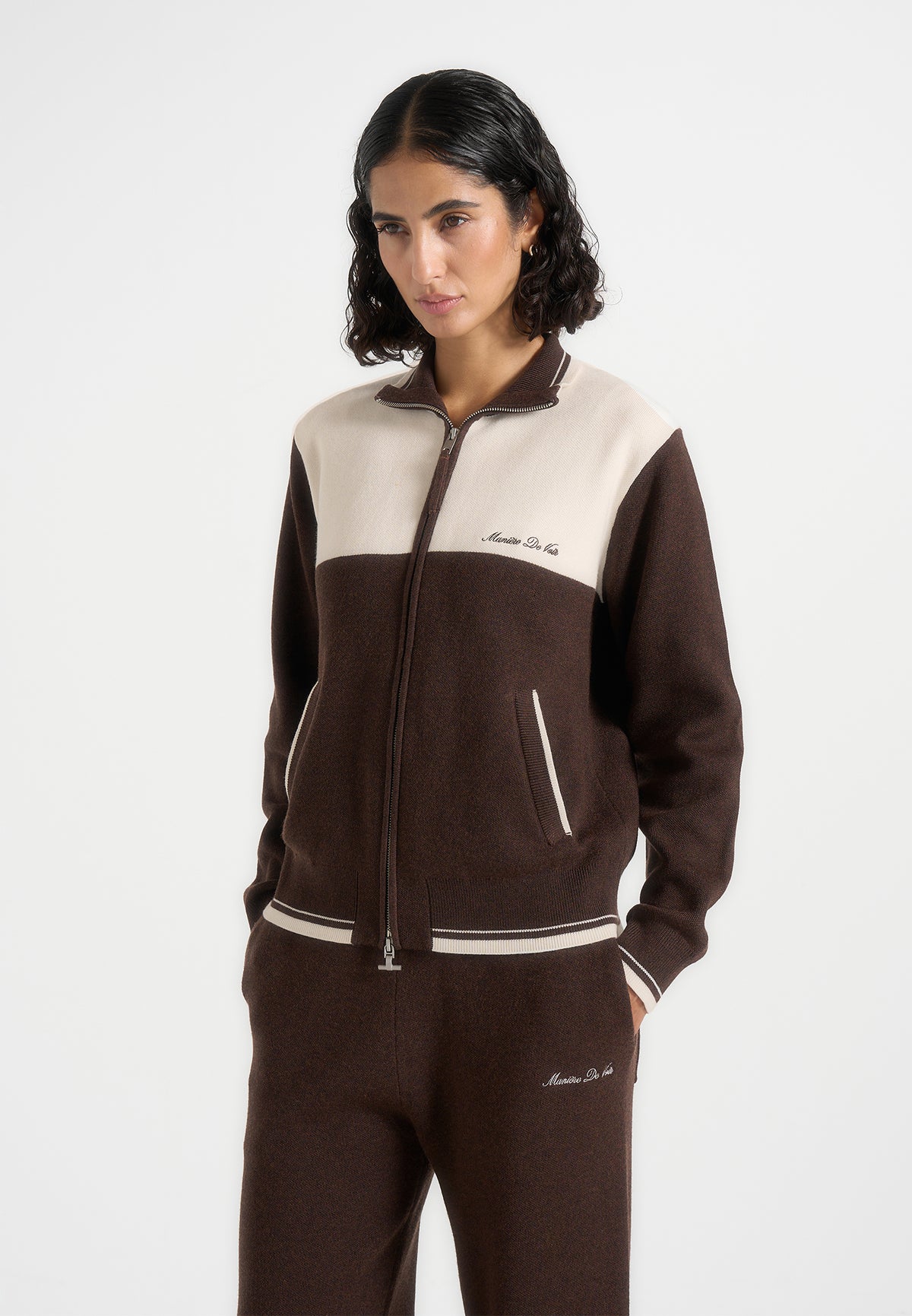 Mathieu - Colour Block Signature Knit Jacket - Brown / Cream