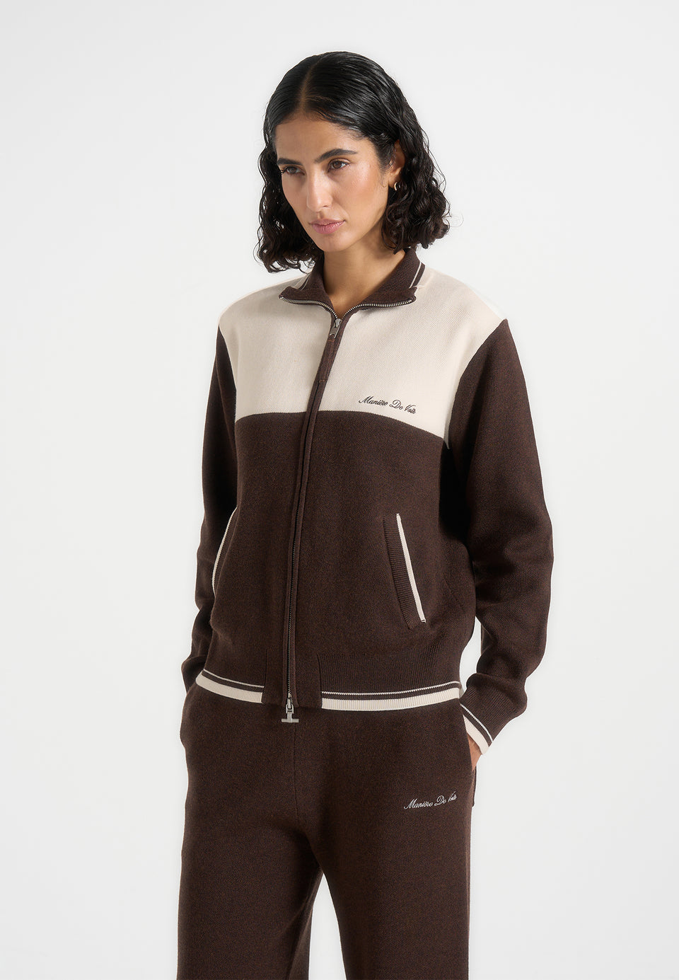 Mathieu - Colour Block Signature Knit Jacket - Brown / Cream