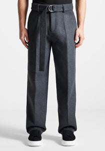 Wool Blend Marl Belted Trousers - Charcoal Grey