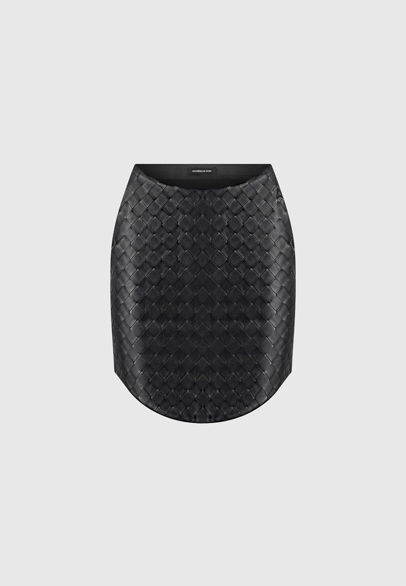Woven Leather Dipped Waist Mini Skirt - Black