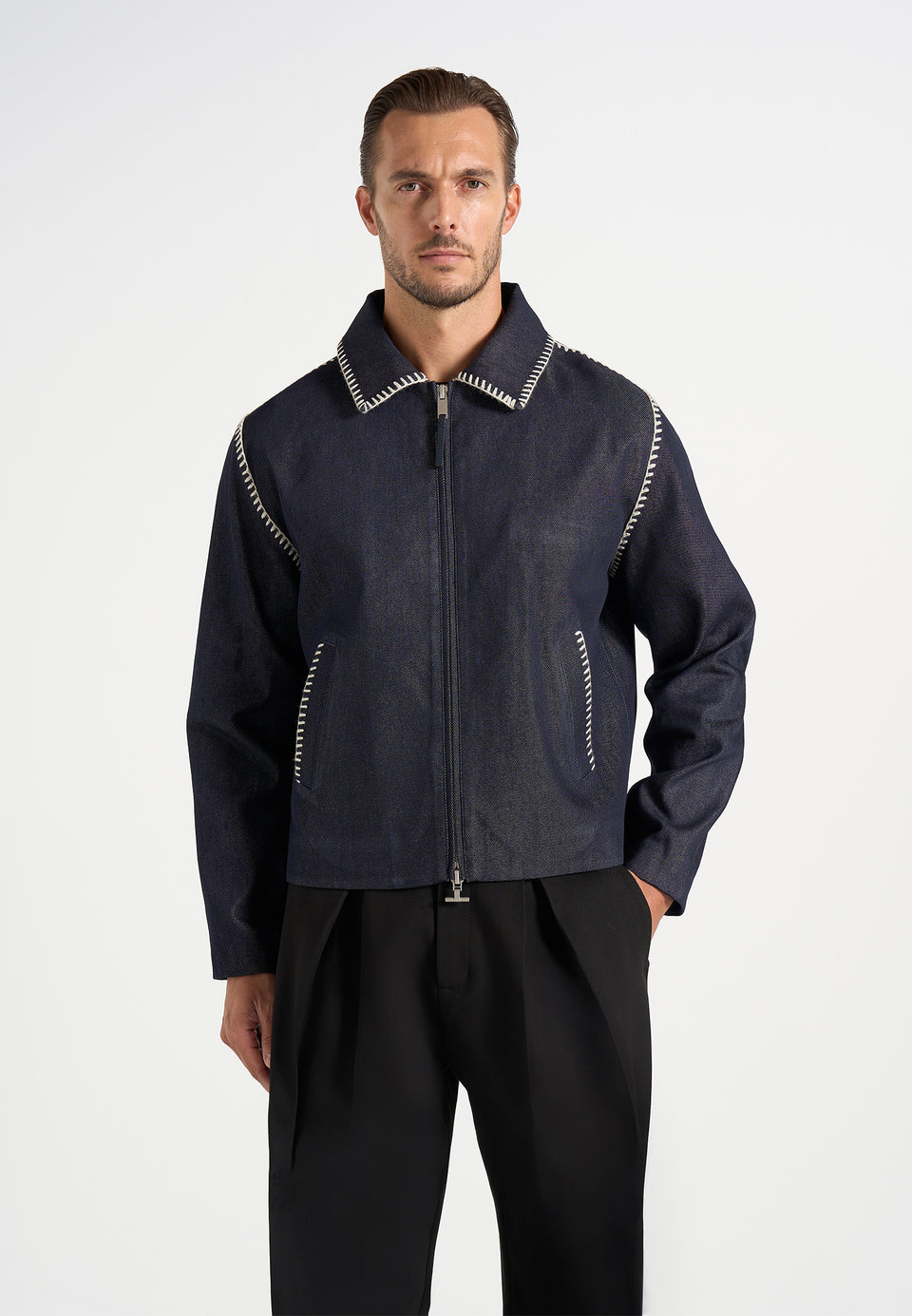 Alex - Whipstitch Boxy Denim Jacket - Indigo