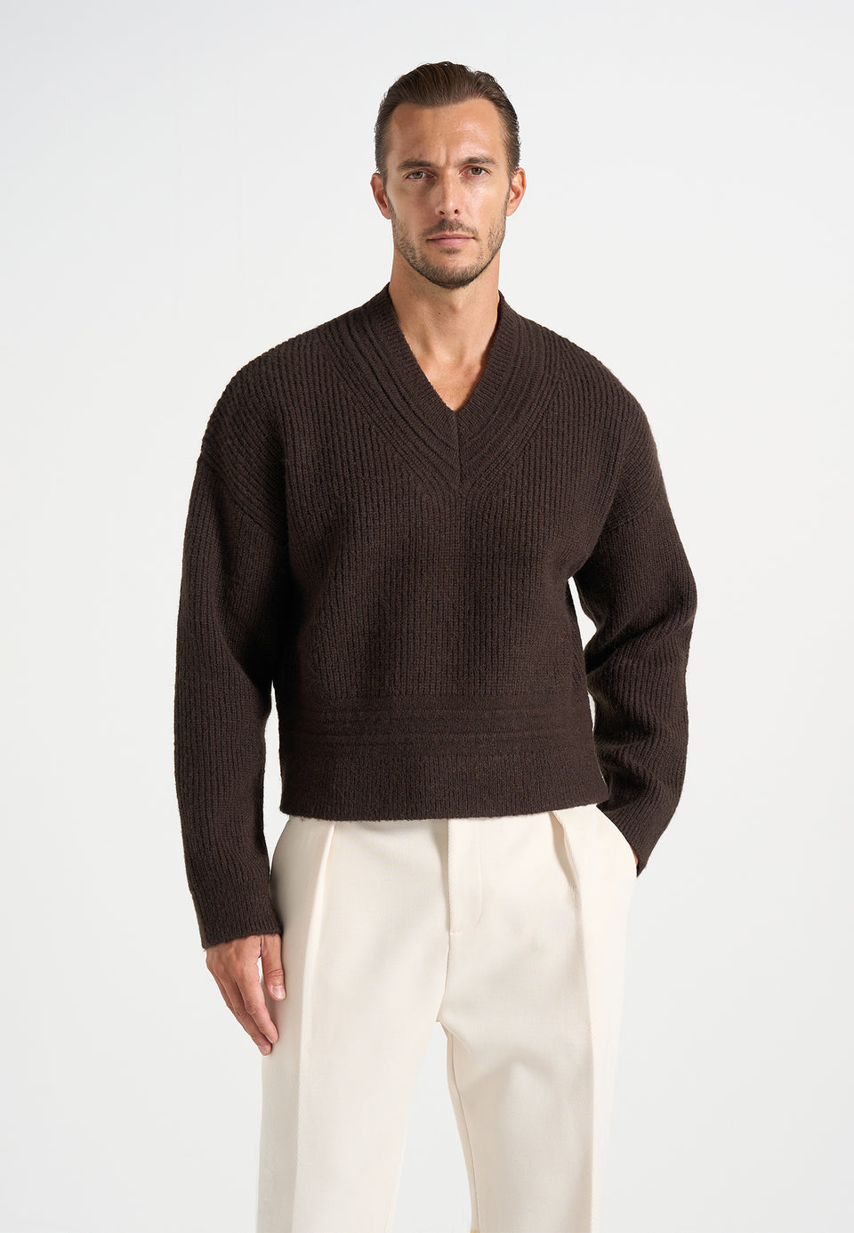 Remi - Signature Ribbed Wool-Blend V-Neck Jumper - Dark Brown