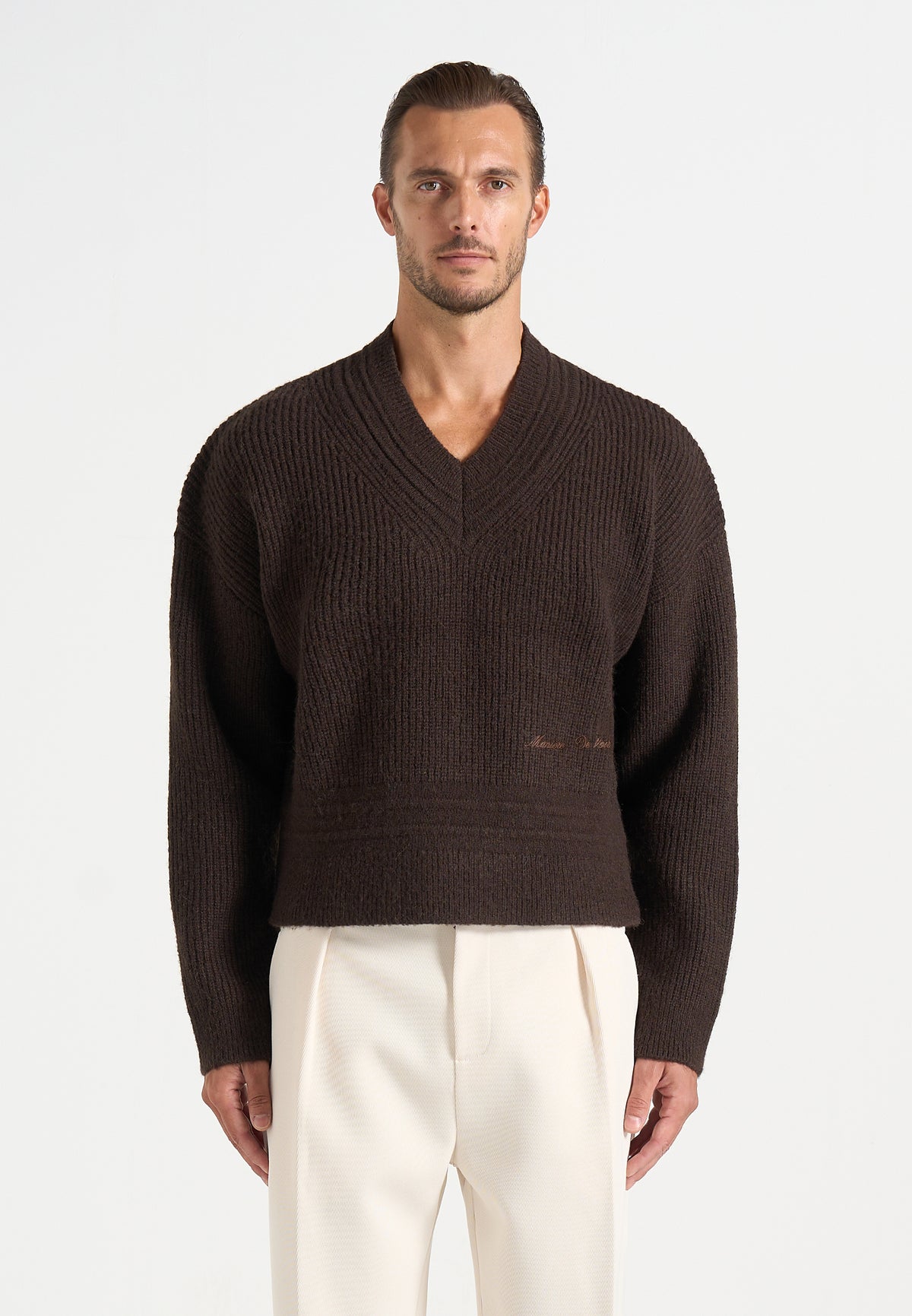 Remi - Signature Ribbed Wool-Blend V-Neck Jumper - Dark Brown