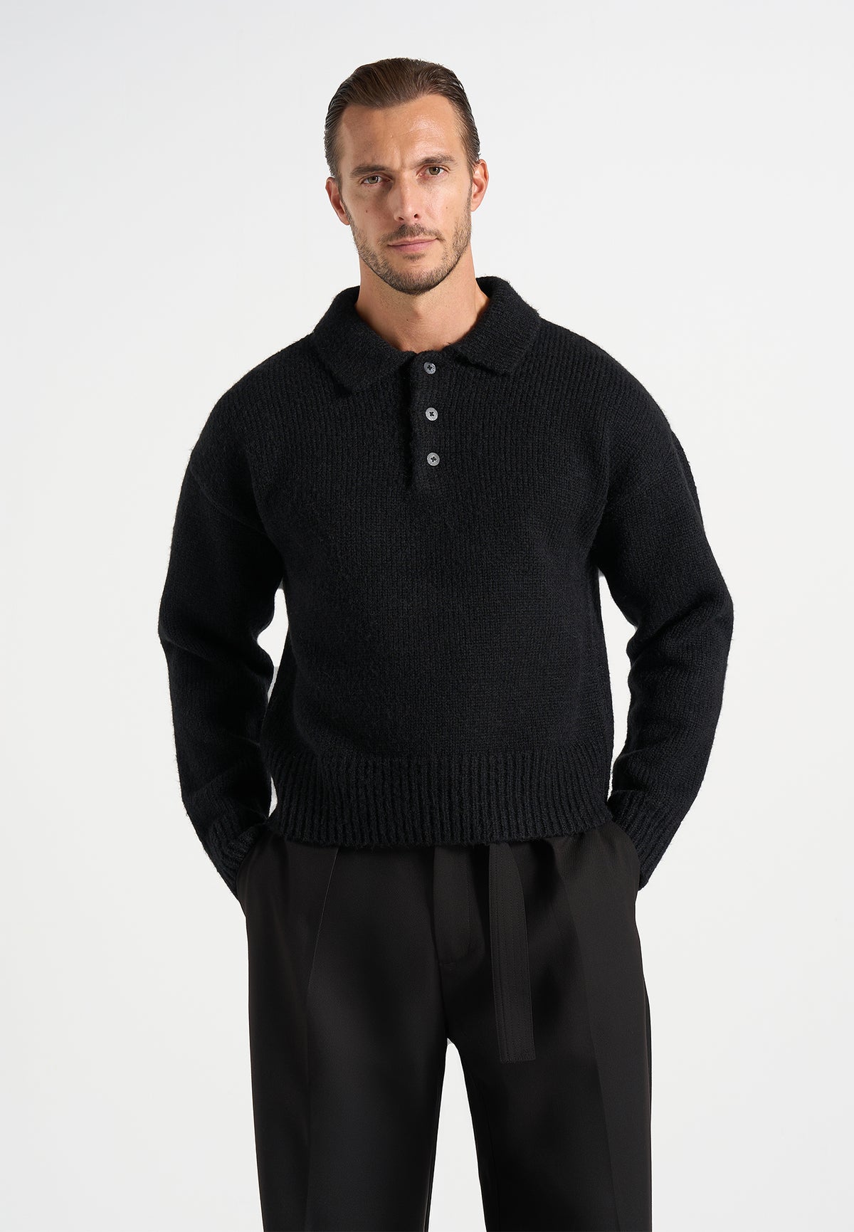 Finn - Brushed Wool-Blend Polo Knit Jumper - Black