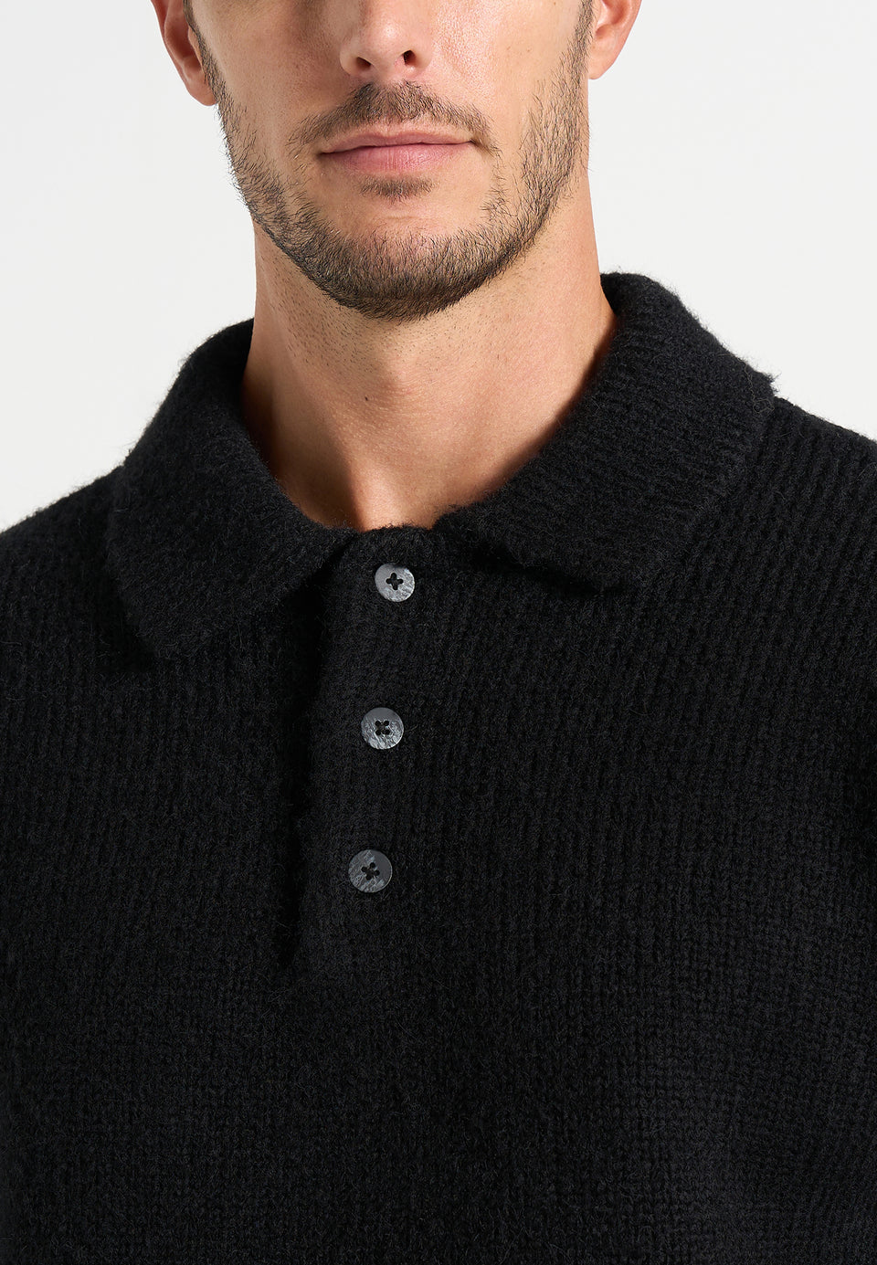 Finn - Brushed Wool-Blend Polo Knit Jumper - Black