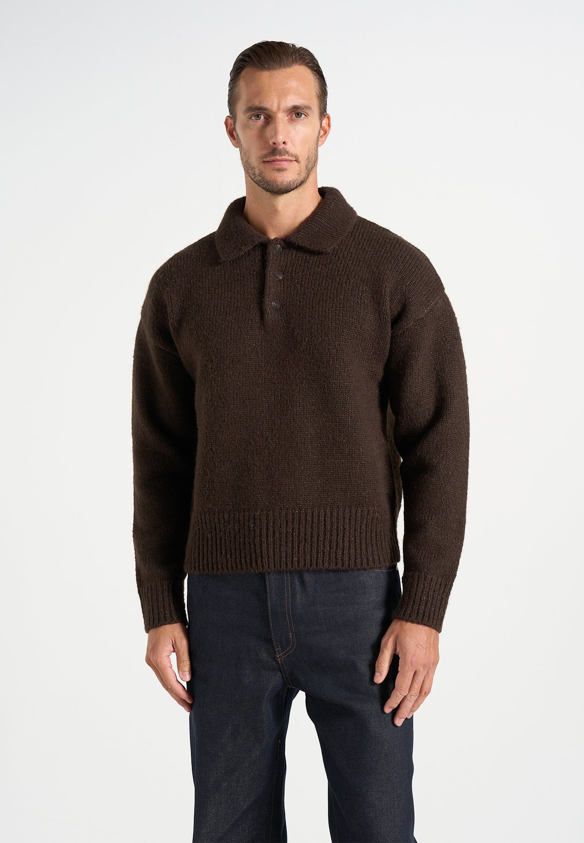 Finn - Brushed Wool-Blend Polo Knit Jumper - Brown