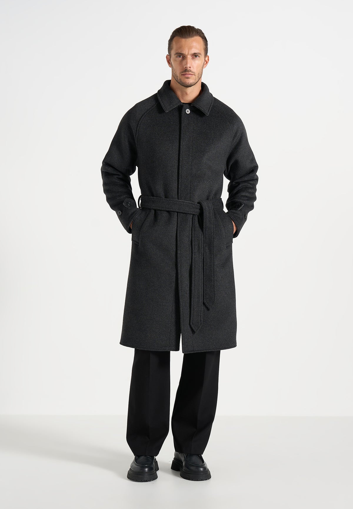Alfie - Reversible Belted Wool Blend Car Coat - Grey / Black