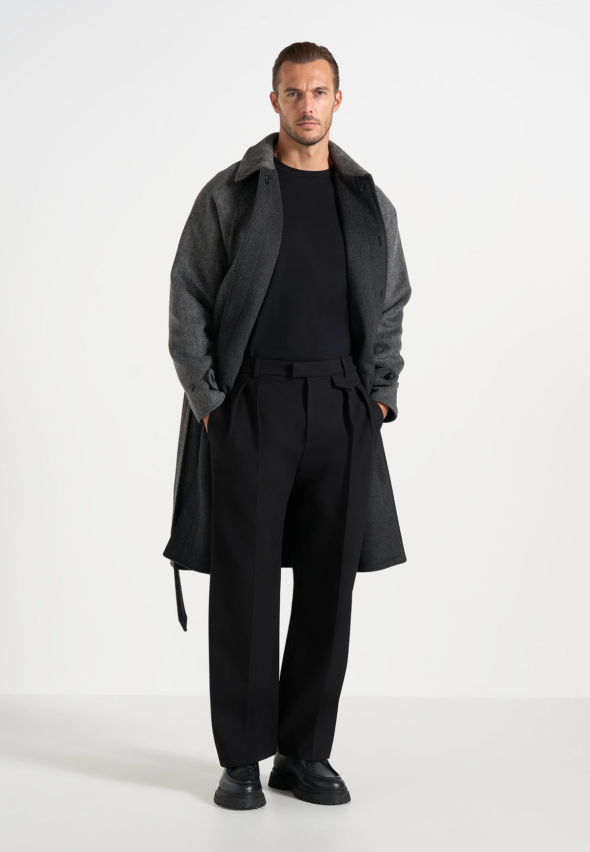 Alfie - Reversible Belted Wool Blend Car Coat - Grey / Black