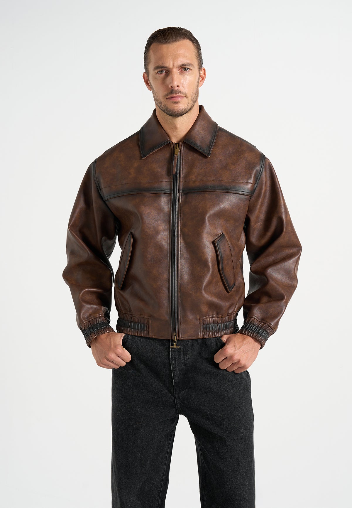 Louka - Vintage Leather Bomber Jacket - Brown