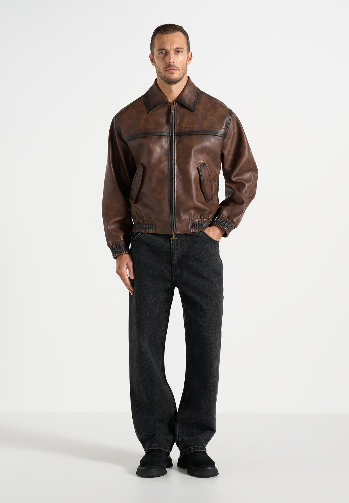 Louka - Vintage Leather Bomber Jacket - Brown