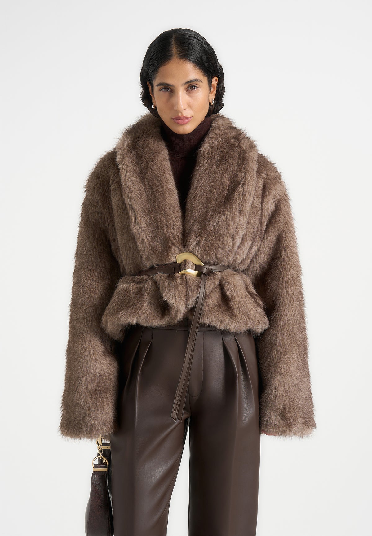Nola - Fur Shawl Jacket with Leather Belt - Taupe
