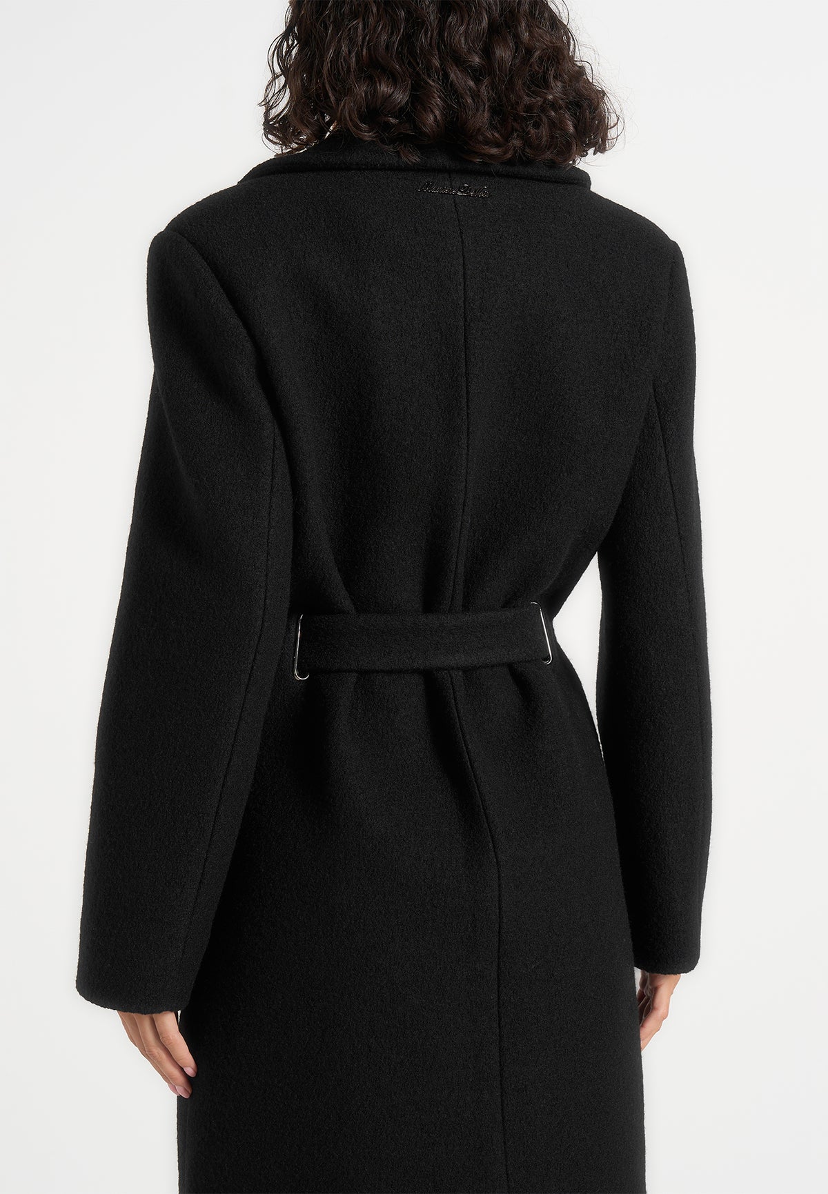 Jena - Wide Shoulder Wool Coat with Cinch Belt - Black