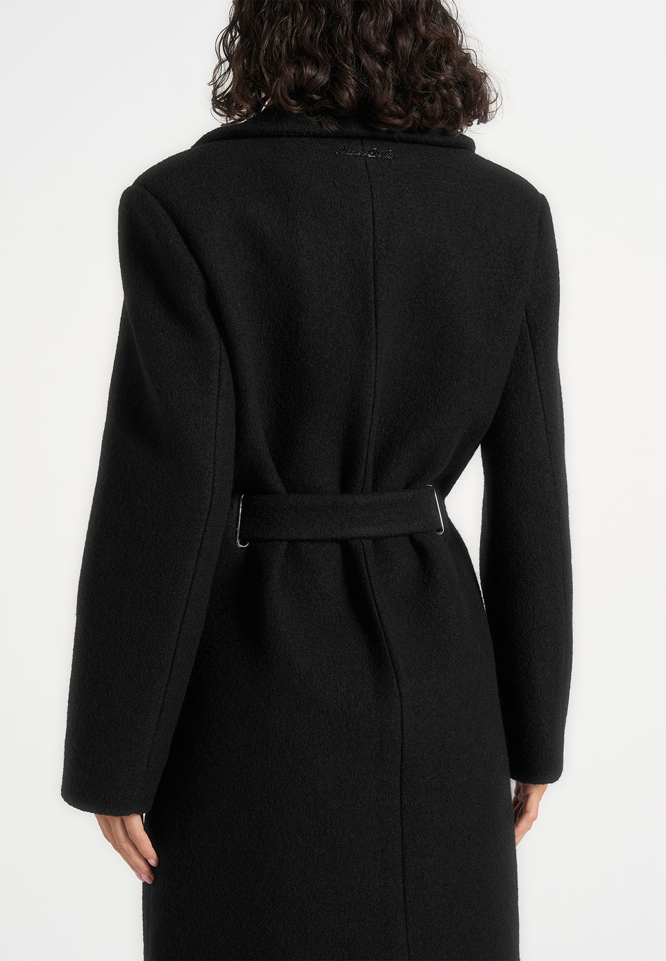 Jena - Wide Shoulder Wool Coat with Cinch Belt - Black