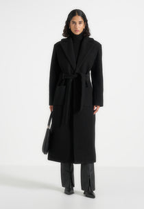 Jena - Wide Shoulder Wool Coat with Cinch Belt - Black