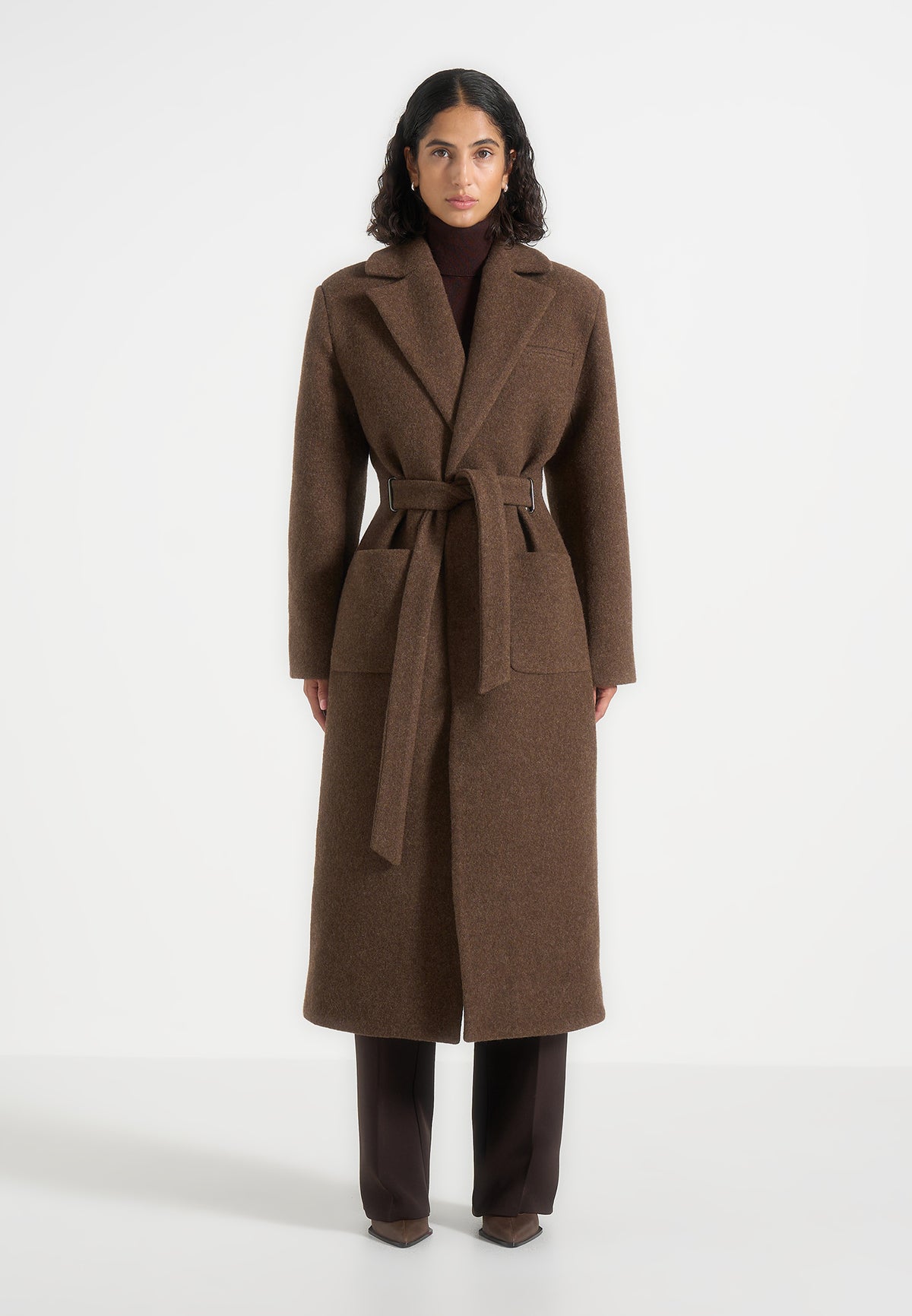 Jena - Wide Shoulder Wool Coat with Cinch Belt - Brown
