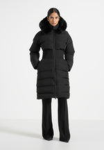 Mira - Fur Hood Corset Longline Puffer Coat - Black