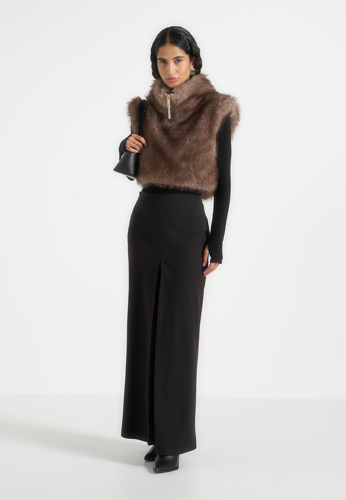 Nayla - High Neck Fur Gilet - Taupe