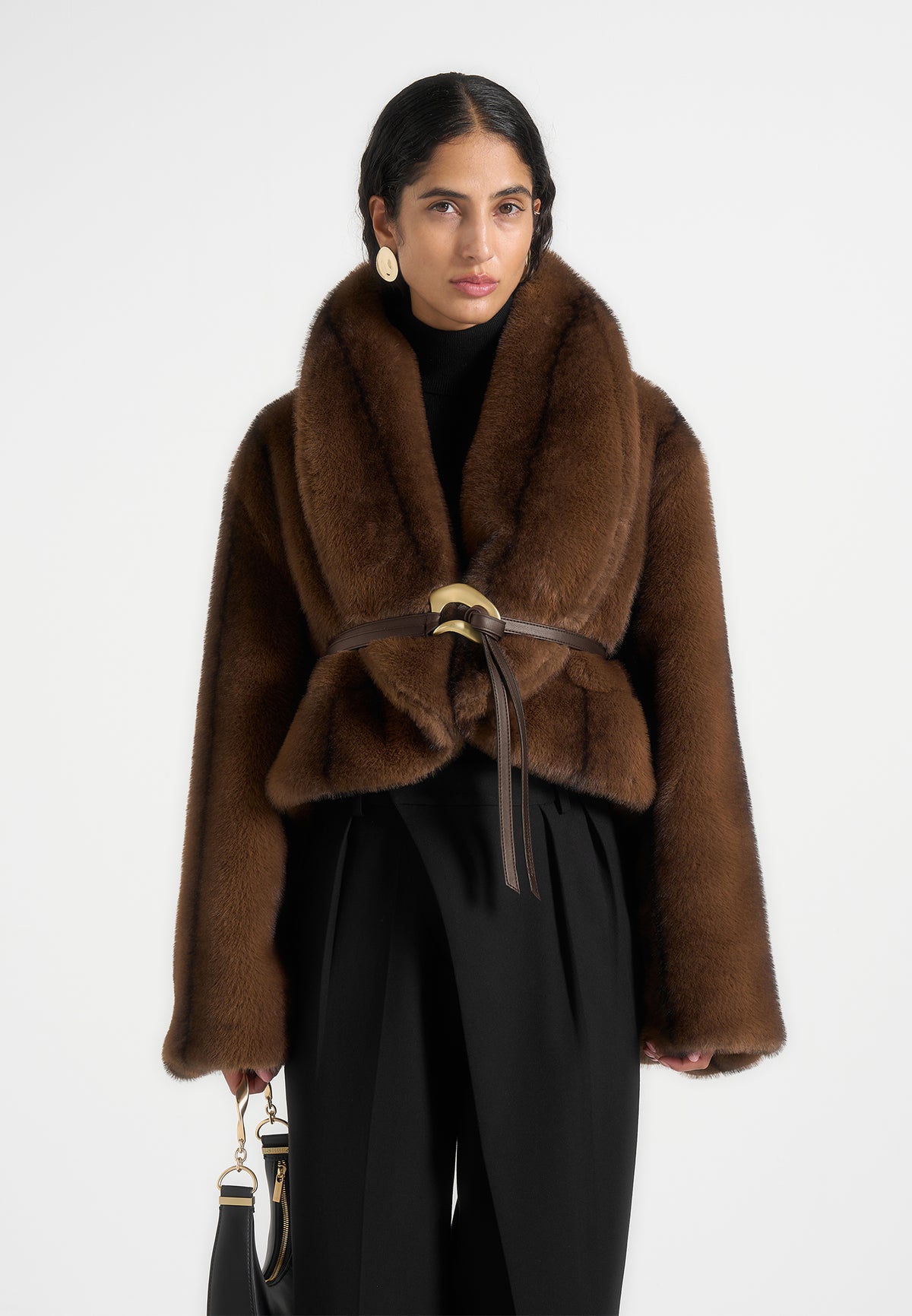 Nola - Fur Shawl Jacket with Leather Belt - Brown