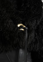 Nola - Mongolian Fur Shawl Jacket with Leather Belt - Black