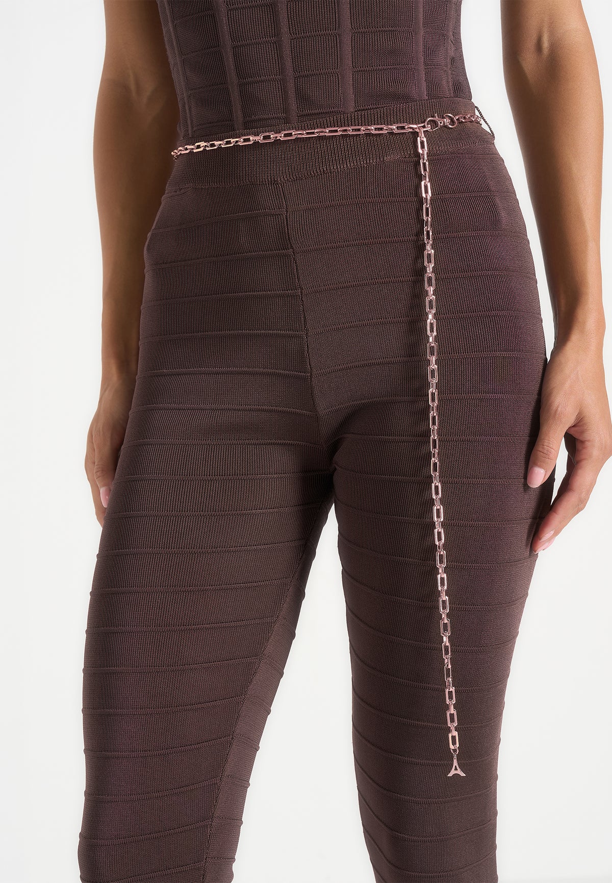 Leigh - Ottoman Bandage Knit Split Hem Leggings - Brown