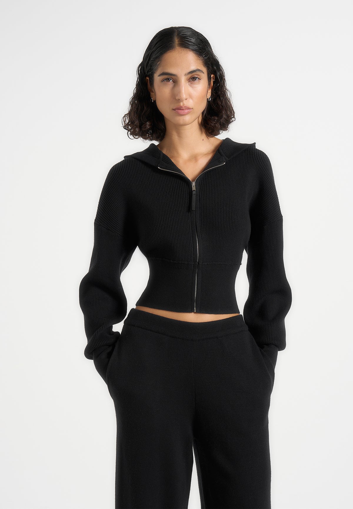 Lexie - Cropped Knit Zip Hoodie - Black