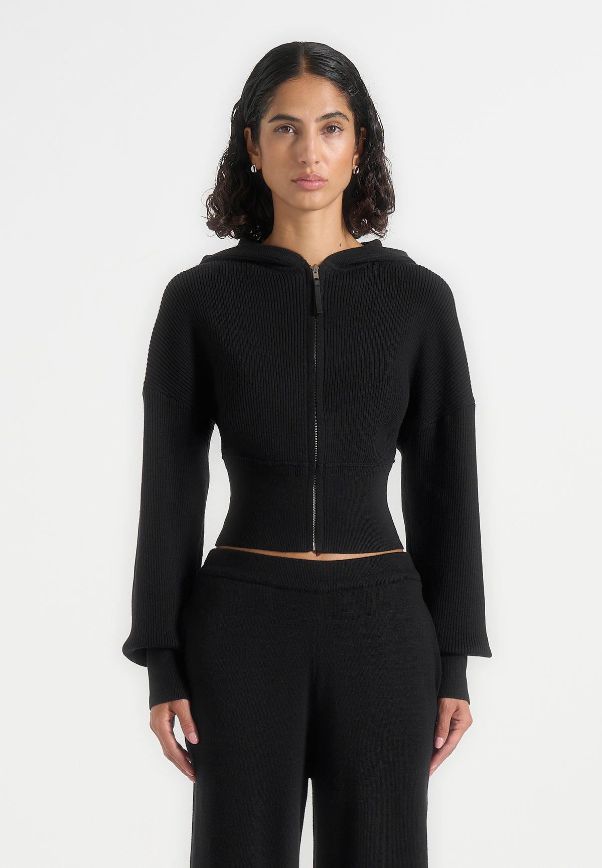 Lexie - Cropped Knit Zip Hoodie - Black
