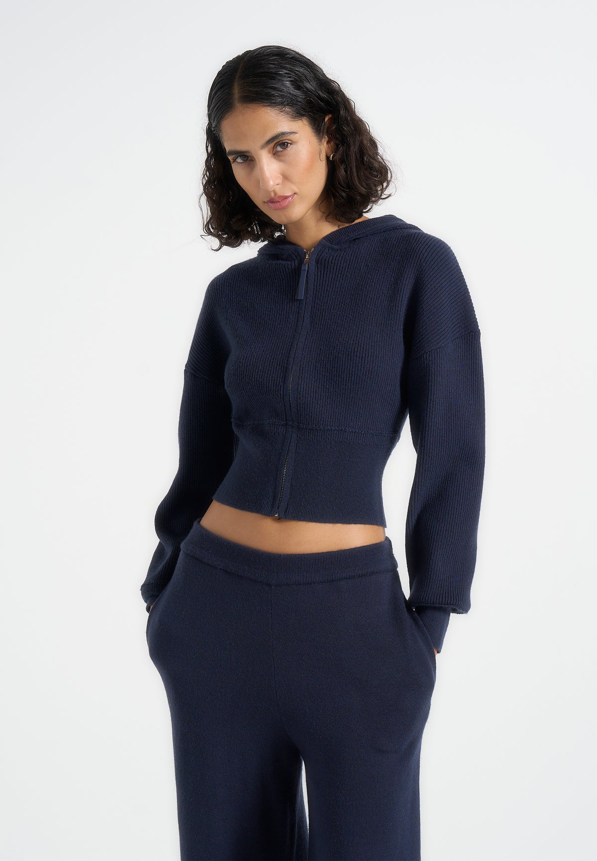 Lexie - Cropped Knit Zip Hoodie - Navy