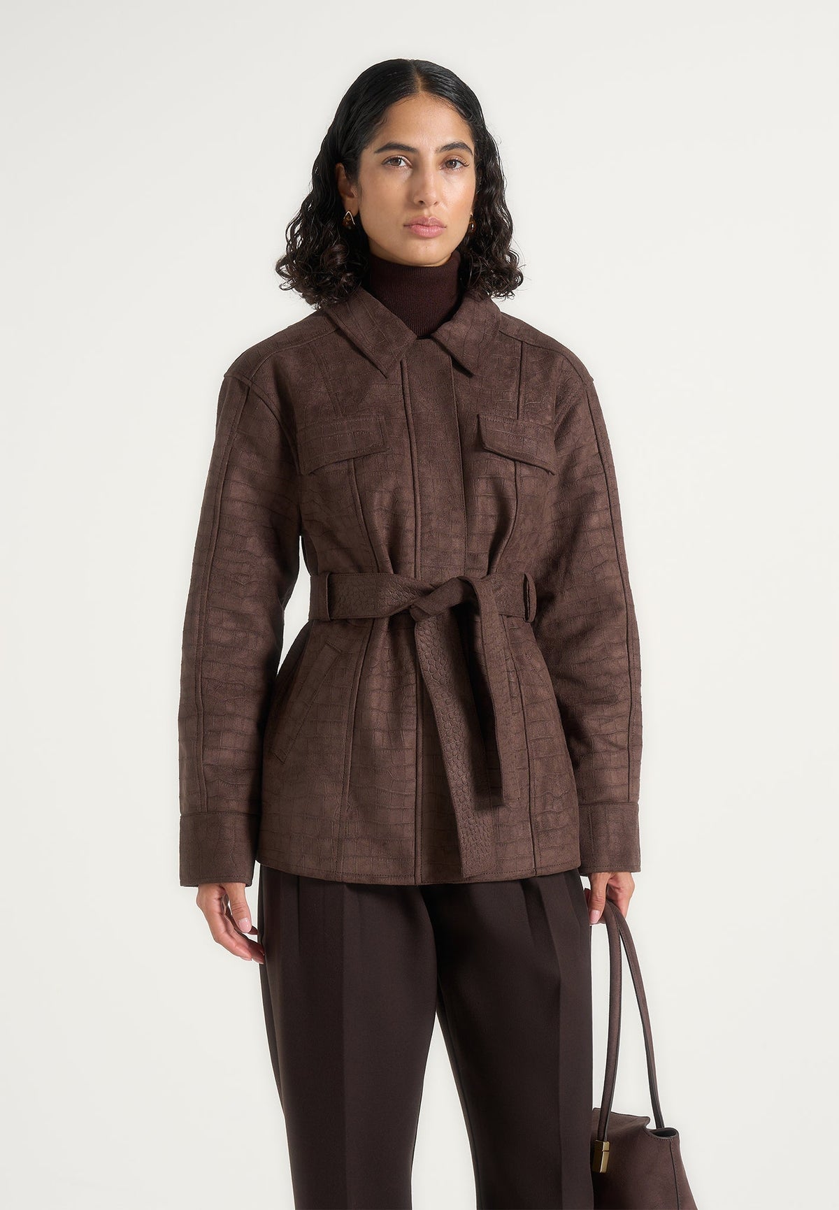 Annika - Croc Suede Belted Utility Jacket - Brown
