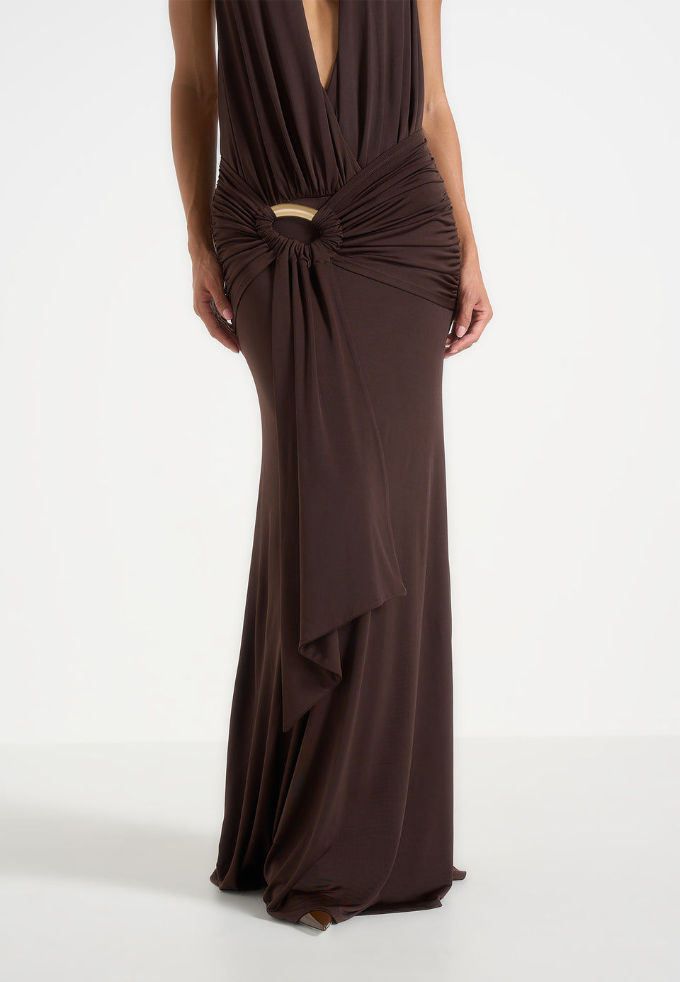Ida - Plunge Halter Draped Hardware Maxi Dress - Brown